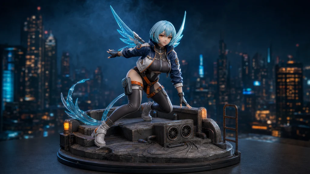 未来的な屋上台座を含むフィギュアジオラマ