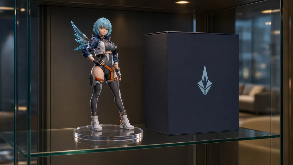 ガラスケースに展示した完成フィギュアと無地パッケージ