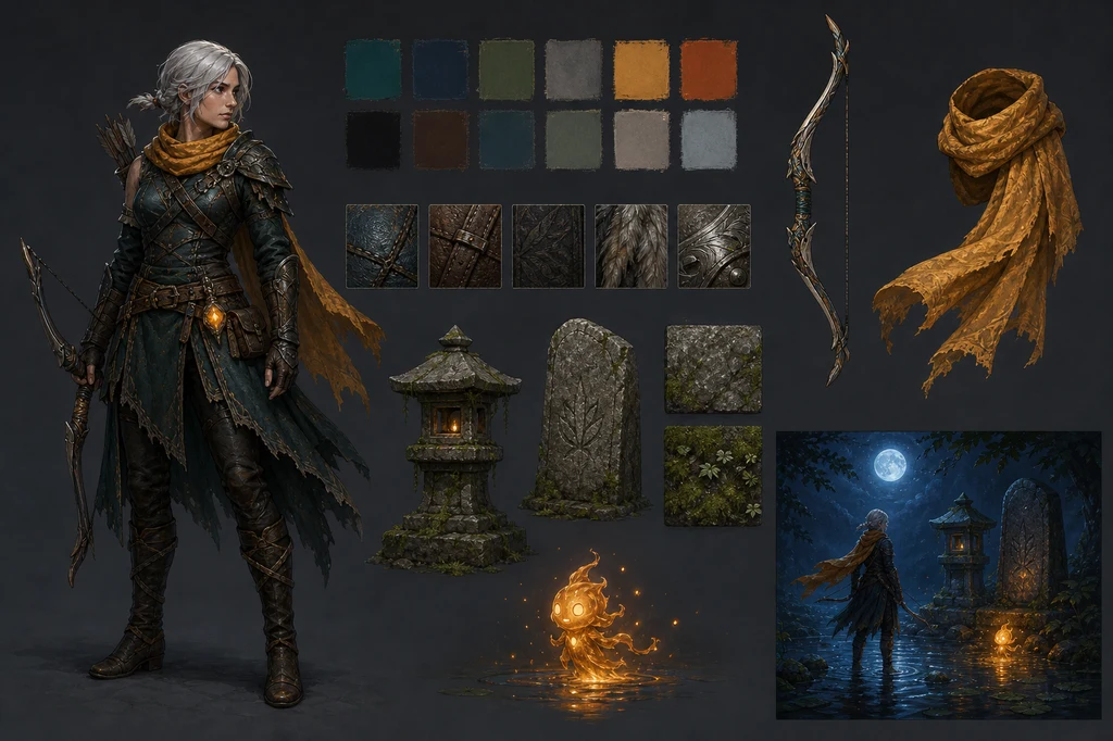 Game art-direction board for a silver-haired ranger and a moonlit shrine world