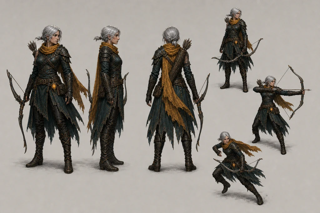 Front side back and action-pose production sheet for the same adult ranger