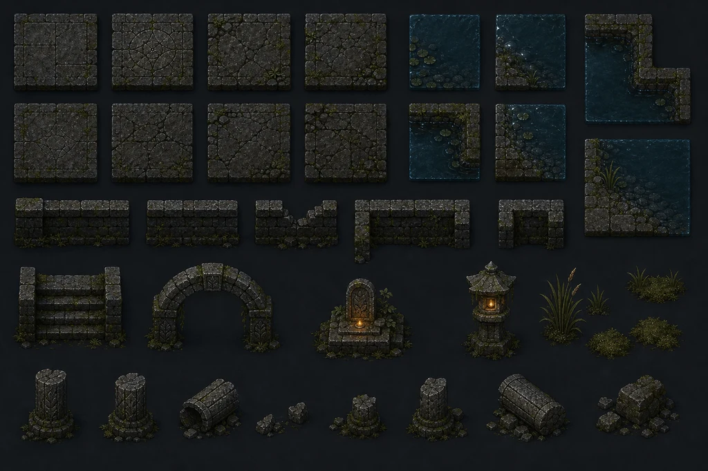 Modular stone floor water wall stair arch and prop tiles for a moonlit shrine