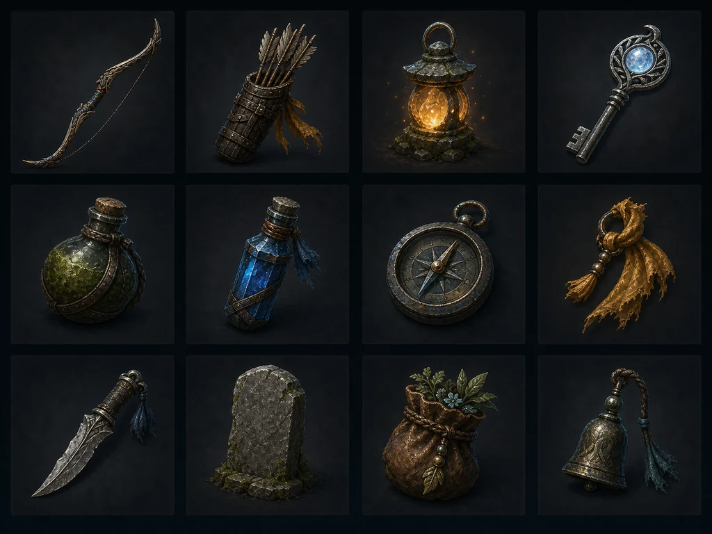 Twelve fantasy inventory icons including bow potions key compass and dagger