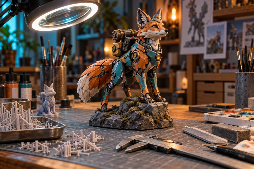 A completed painted mechanical fox figure being inspected beside tools, supports and a gray test print