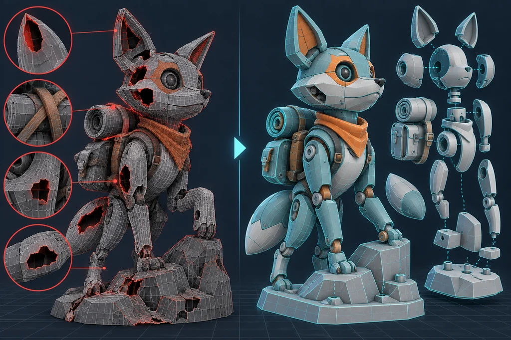 An imperfect AI fox mesh compared with a watertight, thickened and keyed printable version