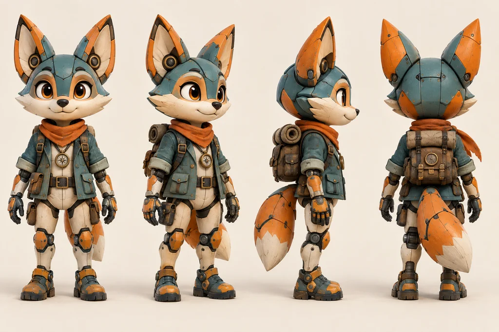 Front, three-quarter, side and back reference views of a teal-and-orange mechanical fox explorer