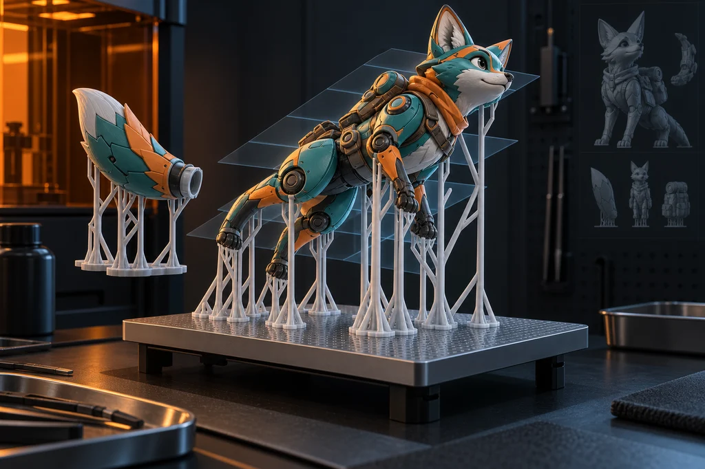 A tilted mechanical fox figure with tree supports, sliced layers and separate assembly parts