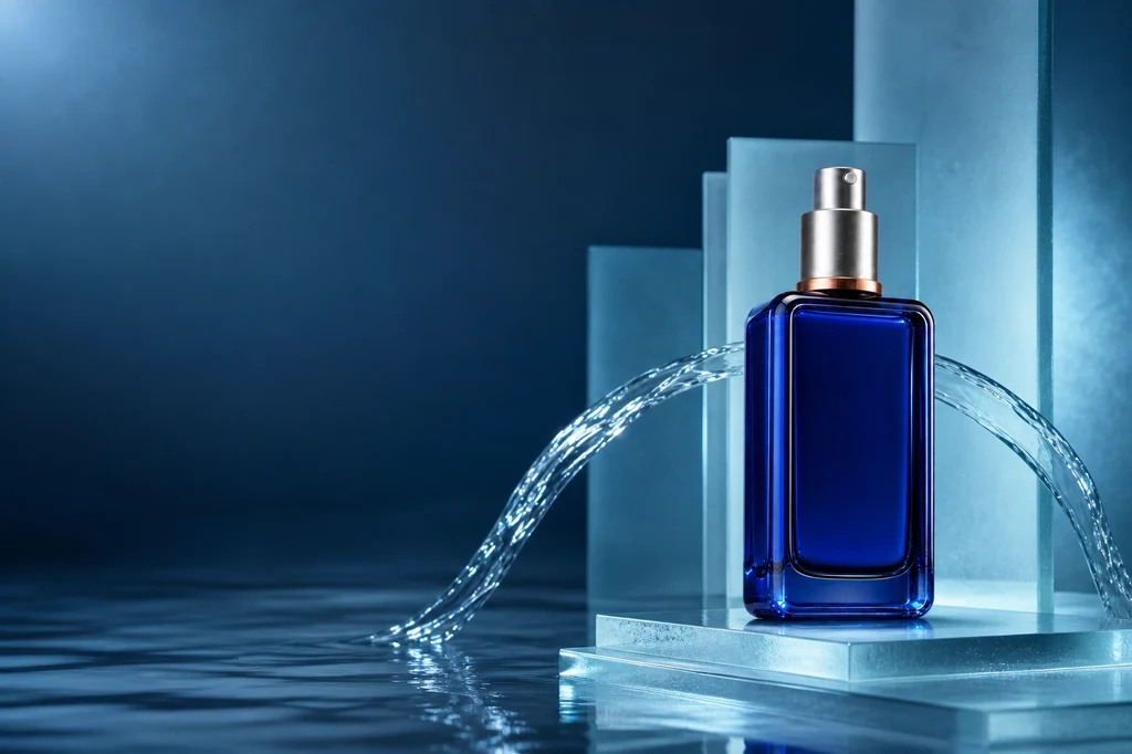 The same serum bottle integrated into a premium aquatic set with frosted glass and controlled water