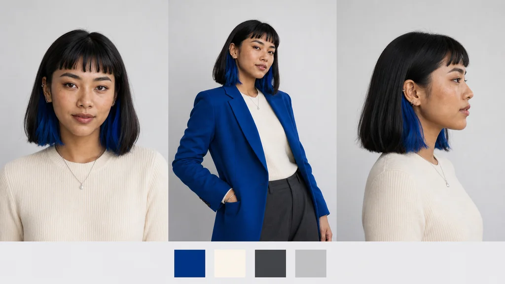 Front, three-quarter and profile views with a color palette for the same adult virtual influencer
