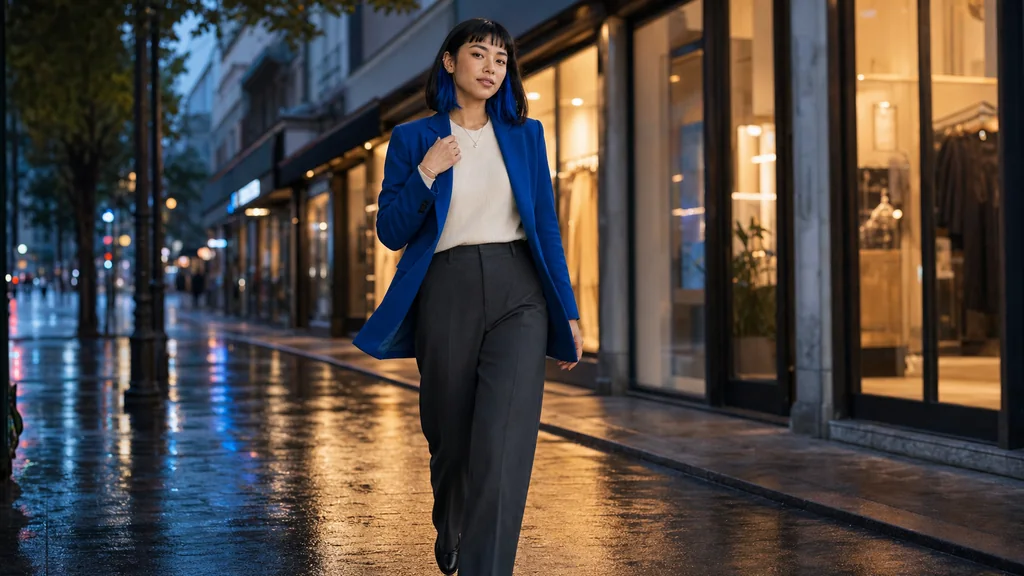 The same virtual influencer walking through a rain-lit city street in a video keyframe