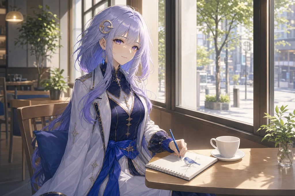 同じキャラクターがカフェの窓辺で青い鳥をスケッチする日常場面