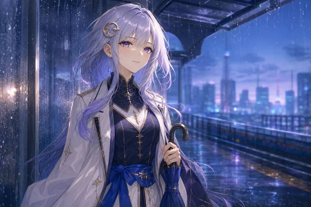 雨のプラットフォームで同じキャラクターの顔、光、感情に焦点を当てたポートレート