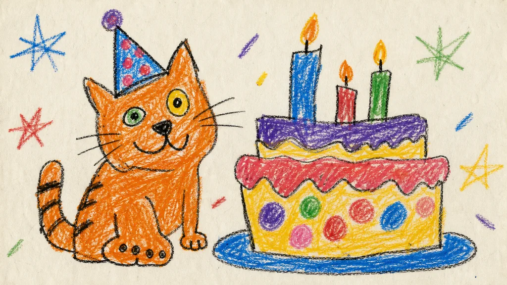 曲がった帽子をかぶり、大きなケーキの横に座るクレヨンの猫
