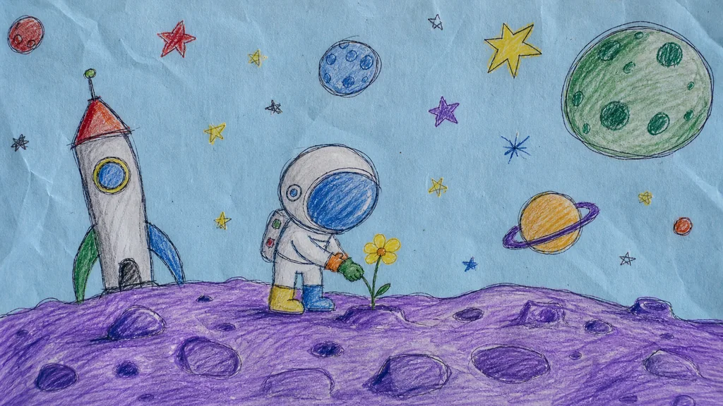 しわのある青い紙の紫の月に花を植える宇宙飛行士