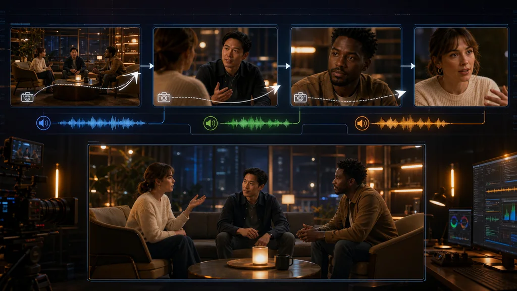 3人の会話、カメラショット、音声波形を接続したKling型ストーリーボード
